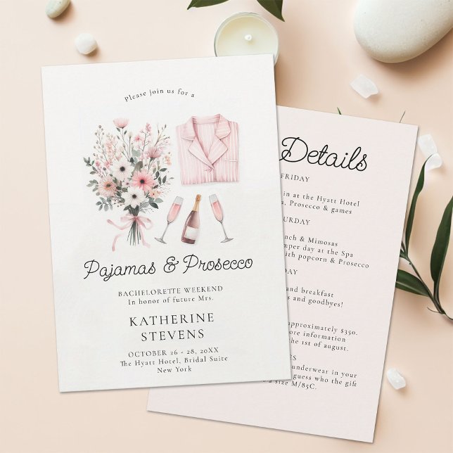 Pyjamas Prosecco Wild Flora Bachelorette Itinerary Invitation (pajamas prosecco bachelorette itinerary invitation champagne wildflowers lingerie pj elegant classy )