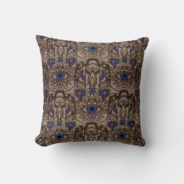 Pyrographed  Hamsa Hand with colour on Wood Cushion (Front)