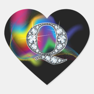 "Q" Diamond Bling on Rainbow Swirl Heart Sticker
