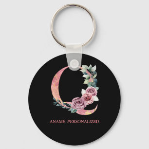 Q Floral Monogram Name Letters Pink Agate Keychain