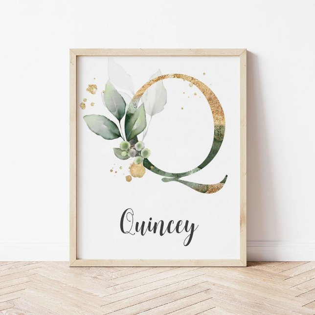 Q Letter Monogram Greenery Nursery Name Wall Print (Creator Uploaded)