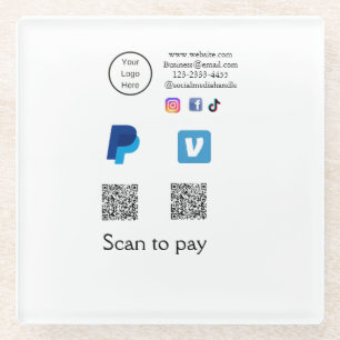 Q R code PayPal venmo scan pay add social media de Glass Coaster
