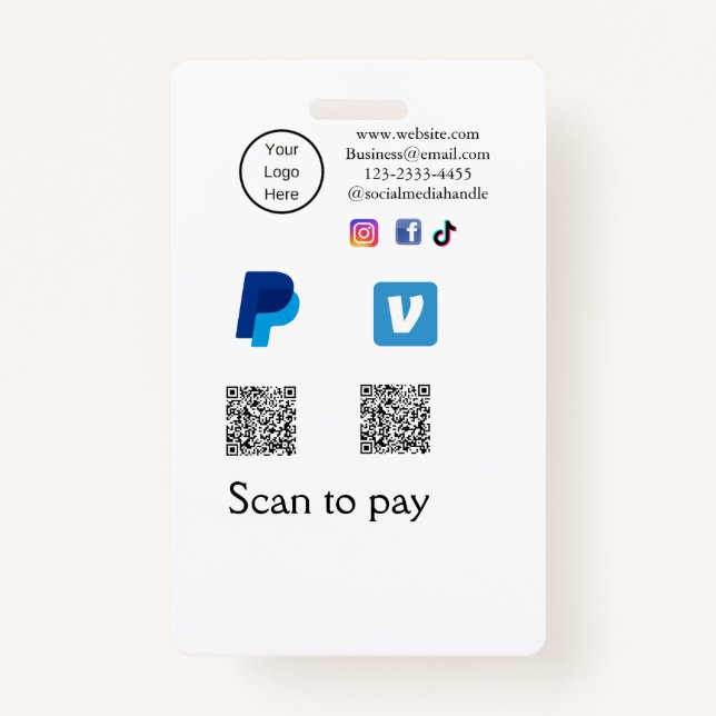 Q R code PayPal venmo scan pay add social media de ID Badge (Front)