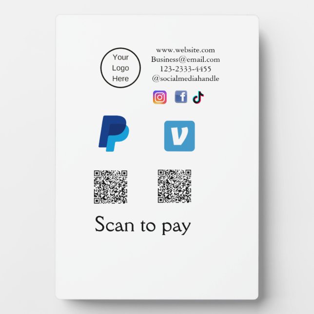 Q R code PayPal venmo scan pay add social media de Plaque (Front)