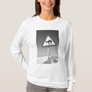 Qatar, Al Zubarah. Camel Crossing Sign-Road to T-Shirt