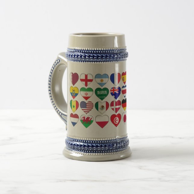 Qatar Tournament 32 Country Flags Hearts Beer Stein (Front Left)