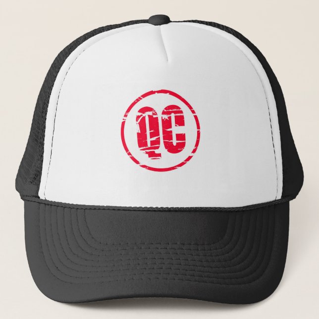 QC Quality Control red rubber stamp effect Trucker Hat (Front)