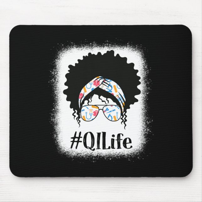 Qi Quality Improvement Nurse Black Afro Messy Bun  Mouse Pad (Front)