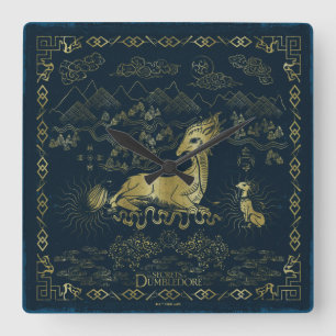 Qilin At Rest Golden Tapestry Square Wall Clock