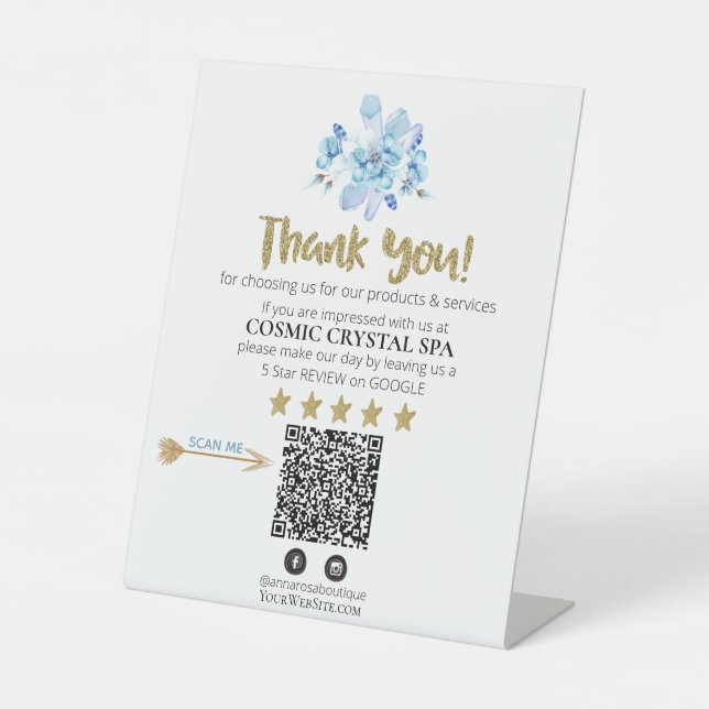 *~* QR AP8 FLORAL  Review Logo THANK YOU Crystal  Pedestal Sign (Front)