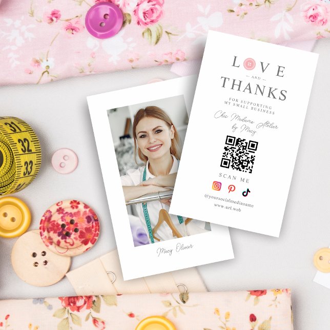 QR Baby Pink Button Love & Thanks Photo Supporting Business Card (QR Baby Pink Button Love & Thanks Photo Supporting Small Business Card. )