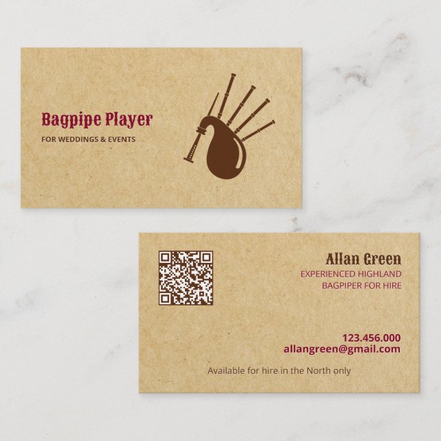 QR Bagpiper for Hire Piper Business Card (Front/Back)