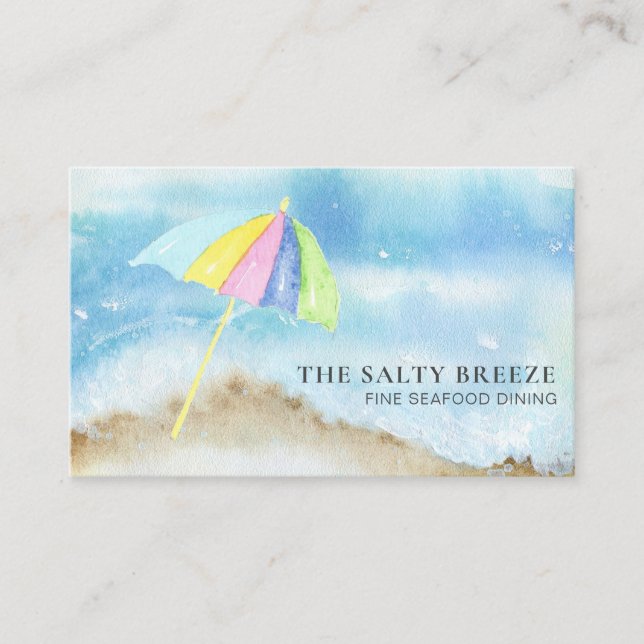 *~* QR Beach Sand Umbrella Sea Watercolor Ocean Bu Business Card (Front)