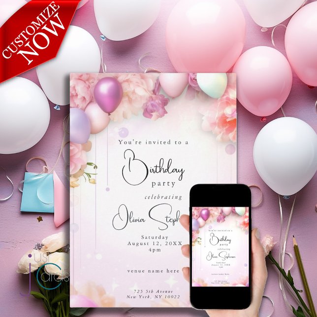 QR Birthday Pink  and Lilac Floral Balloons Invitation (Easy to customize text)