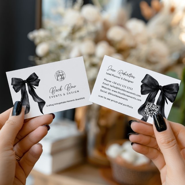 QR Black Coquette Bow Elegant Events Design  Business Card (QR Black Coquette Bow Elegant Events Design Business Card)