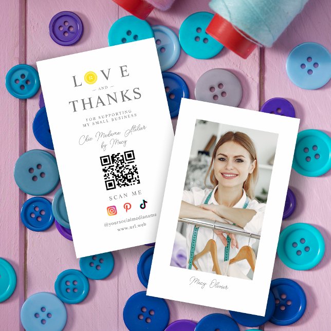 QR Chic Yellow Button Love & Thanks Photo Support Business Card (QR Chic Yellow Button Love & Thanks Photo Supporting Small Business Card.)
