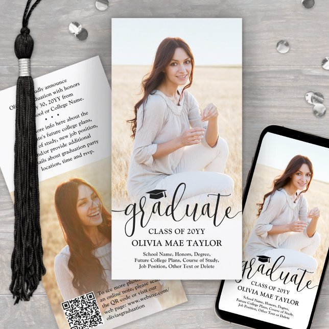 QR Code & 2 Photos Modern Black Script Graduation Announcement (Creator Uploaded)