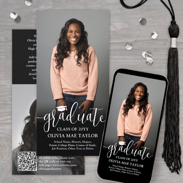QR Code & 2 Photos Modern White Script Graduation Announcement (Creator Uploaded)