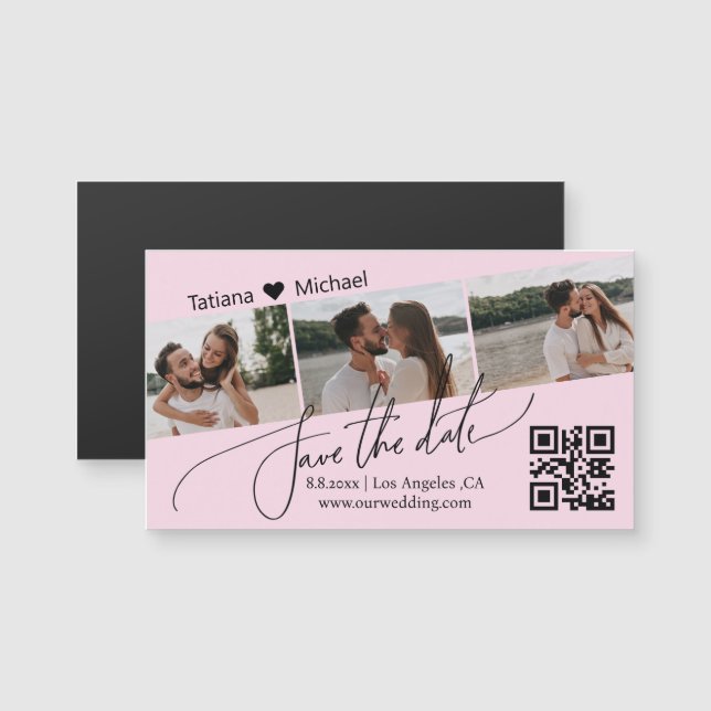  qr code 3 photo collage save the date pink magnet (Front/Back)