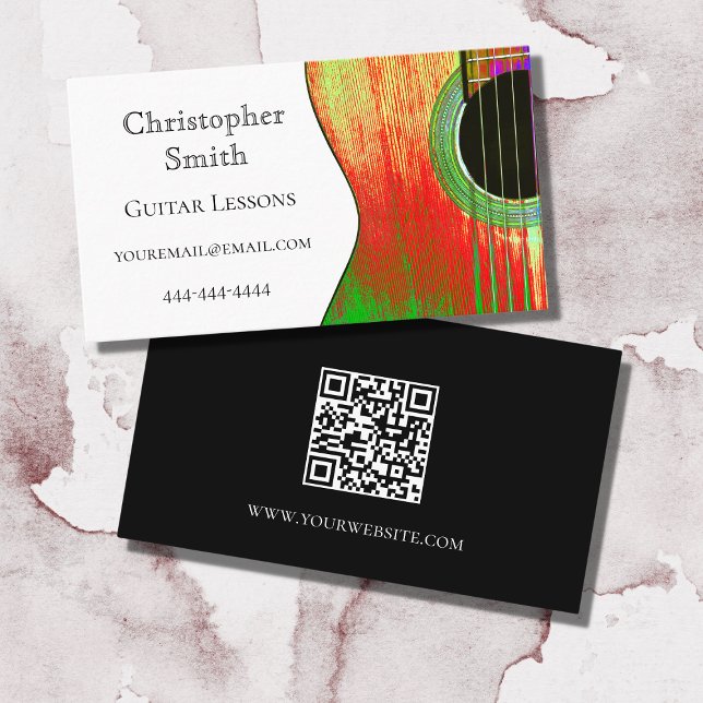 QR code Acoustic Guitar Music Lessons Red Green   Business Card (Creator Uploaded)