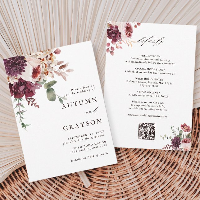 QR Code All In One Autumn Romance Floral Wedding Invitation (Creator Uploaded)