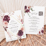 QR Code All In One Autumn Romance Wedding Invitation<br><div class="desc">This wedding invitation features a watercolor flower wreath of dahlias, garden roses, and peony in burgundy red, maroon, and blush pink over fall leaves with a faux gold diamond shape frame and wedding details, QR code website link on the back. For more advanced customisation of this design, please click the...</div>
