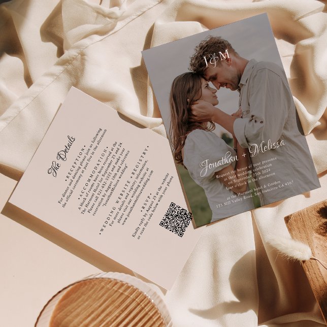 QR Code All in one Beige Monogram Overlay Wedding Invitation (Creator Uploaded)