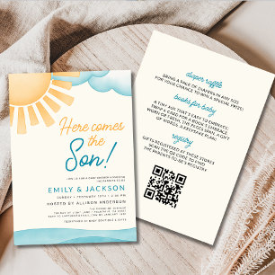 QR Code All in One Here Comes the Son Baby Shower  Invitation
