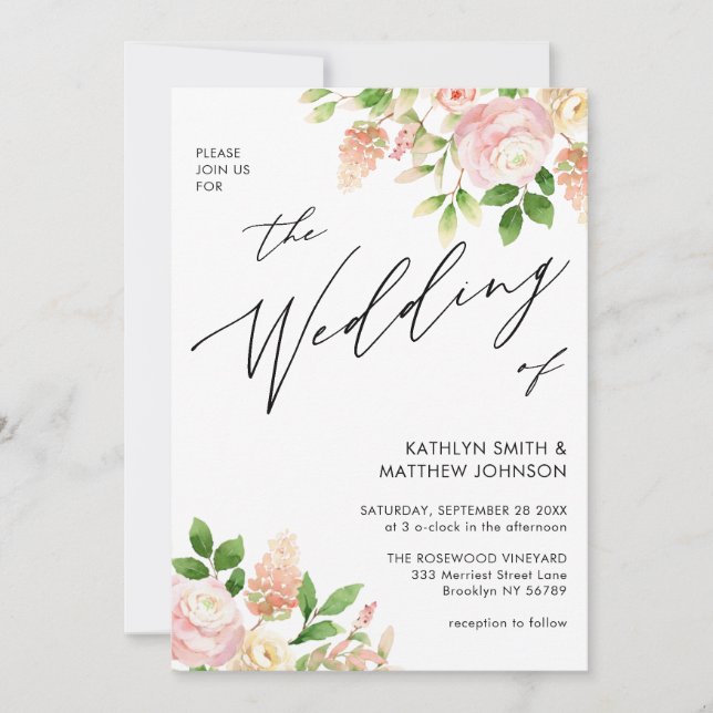 QR Code All In One Pink Rose Greenery Wedding Invitation (Front)