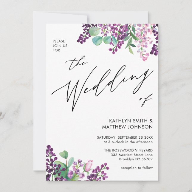 QR Code All In One Purple Lilac Floral Wedding Invitation (Front)