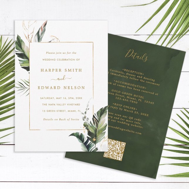 QR Code All In One Tropical Foliage Gold Wedding Invitation (Creator Uploaded)