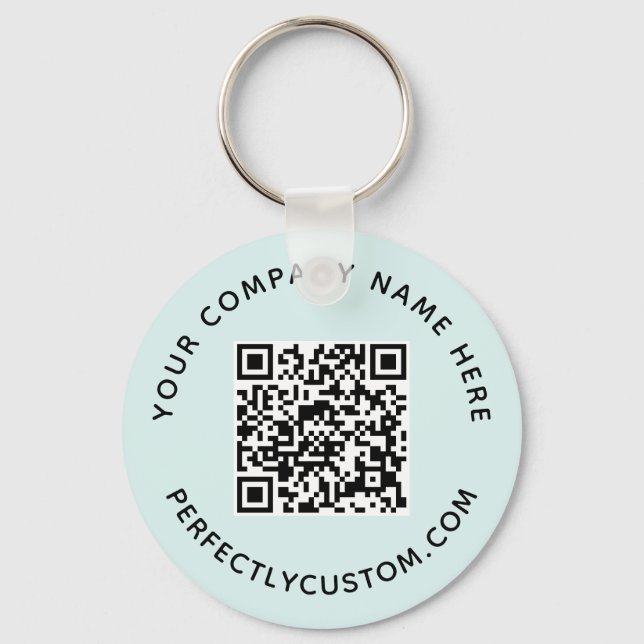 QR code and custom text light aqua blue Key Ring (Front)