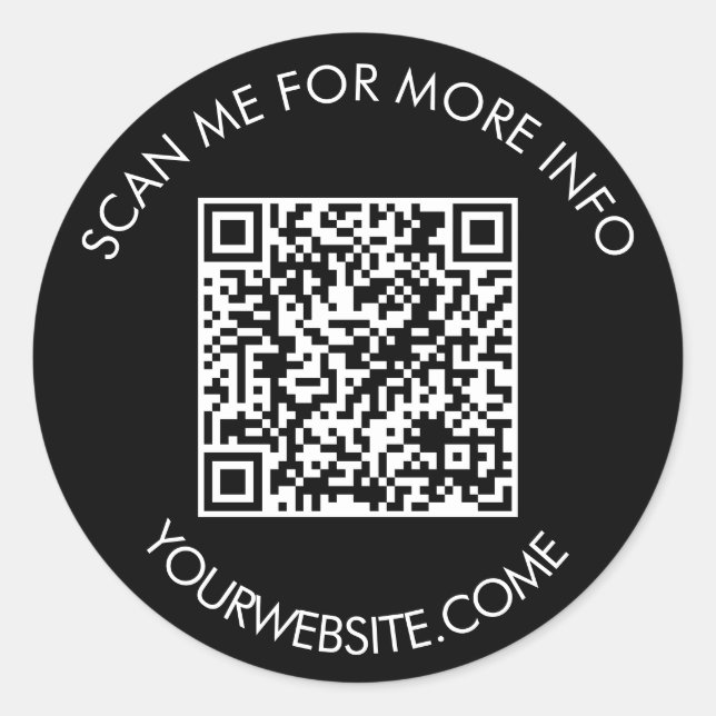 QR code and custom text round white black  Classic Round Sticker (Front)