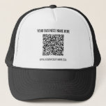 QR Code and Custom Text Your Business Trucker Hat<br><div class="desc">Custom Font and Colours Trucker Hat with Your QR Code and Custom Text Professional Personalised Business Name Website Promotional Company Hats / Gift - Add Your QR Code - Image or Logo / Name - Company / Website or E-mail or Phone - Contact Information / Address - Resize and Move...</div>
