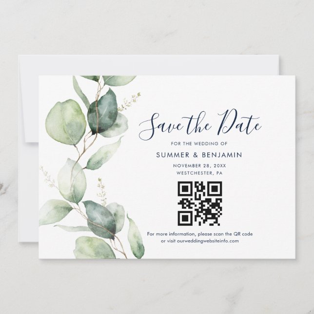 QR Code and Eucalyptus Greenery Wedding Save The Date (Front)