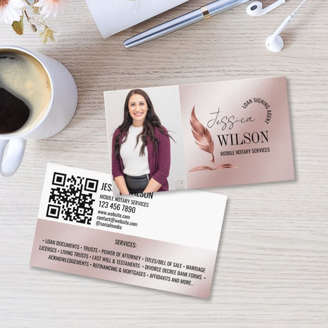 QR Code and Photo Mobile Notary Loan Signing Agent Business Card (Mobile Notary & Loan Signing Agent business card with photo and QR code. rose gold background)