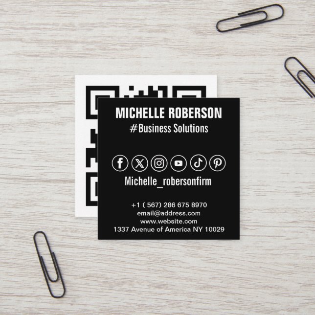 QR code and social media icons Square Business Card (Front/Back In Situ)