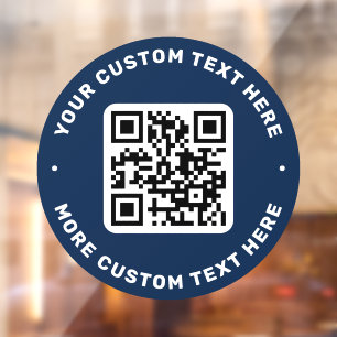 QR code and text top and bottom dark blue circle