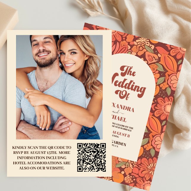 QR Code Arch Groovy Retro 70s Floral Wedding Invitation (Creator Uploaded)