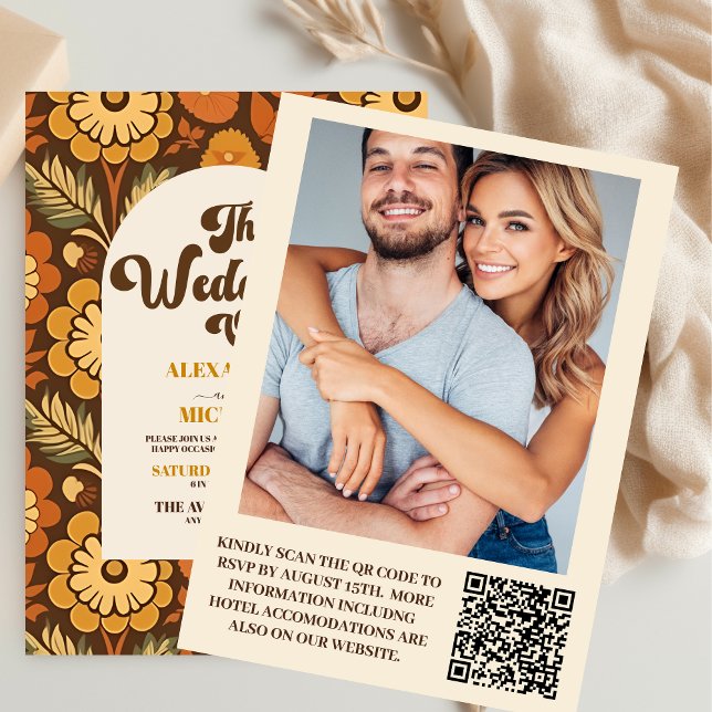 QR Code Arch Modern Retro 70s Floral Wedding Invitation (Creator Uploaded)