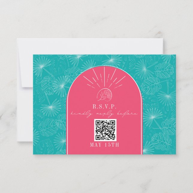 QR Code Arch Pink Blue Tropical Palm Wedding RSVP Card (Front)