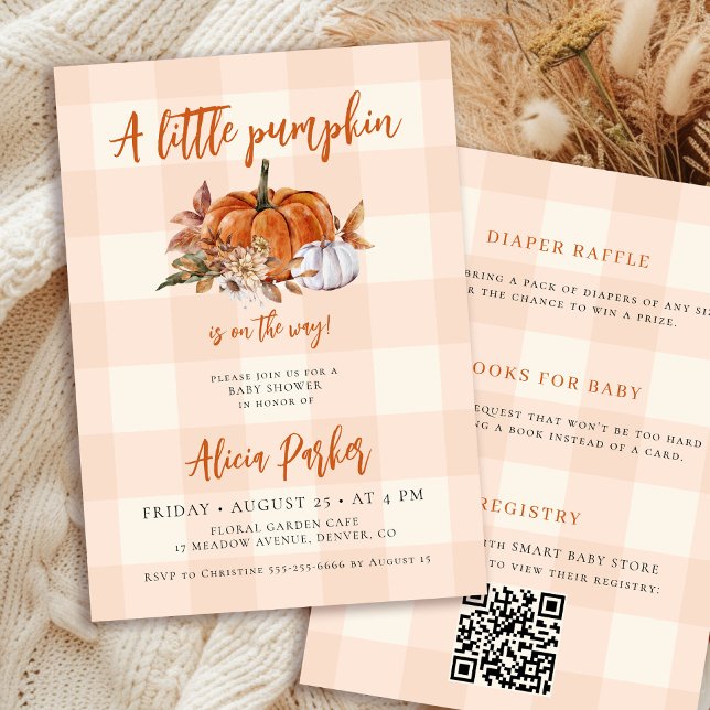 QR code autumn fall gingham pumpkin baby shower Invitation (Creator Uploaded)