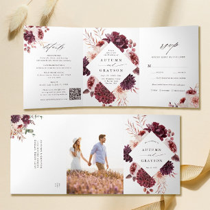 QR Code Autumn Romance Watercolor Floral Wedding Tri-Fold Invitation