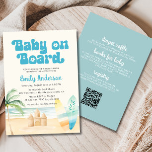 QR Code Baby on Board Surfboard Beach Shower Boy Invitation