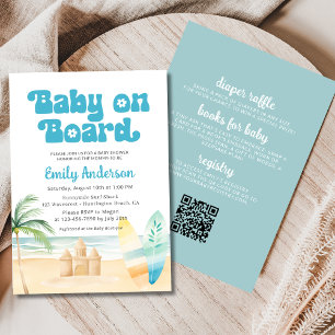 QR Code Baby on Board Surfboard Beach Shower Boy Invitation