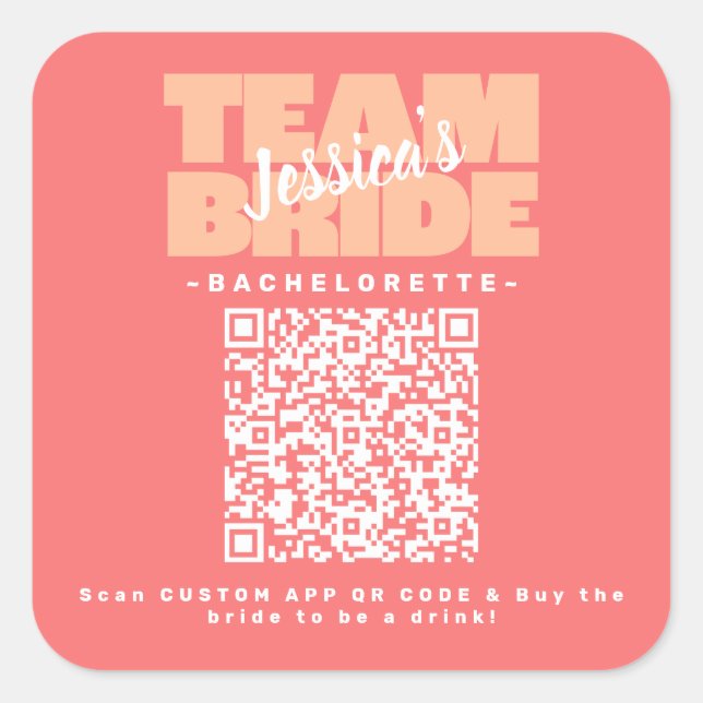 QR Code Bachelorette Buy Drink Team Bride Peach Square Sticker (Front)