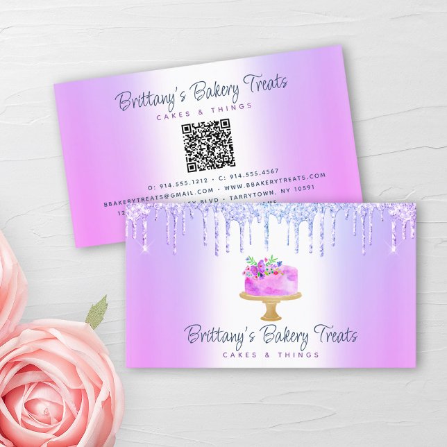 QR Code Bakery Purple Cake Glitter Drips Dessert Business Card (Creator Uploaded)
