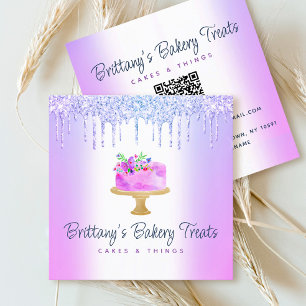 QR Code Bakery Purple Cake Glitter Drips Dessert Square Business Card