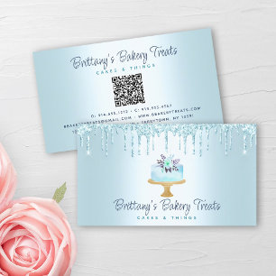 QR Code Bakery Turquoise Cake Glitter Drip Dessert Business Card