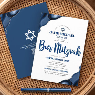 QR Code Bar Mitzvah Navy Blue Agate Script Modern Invitation